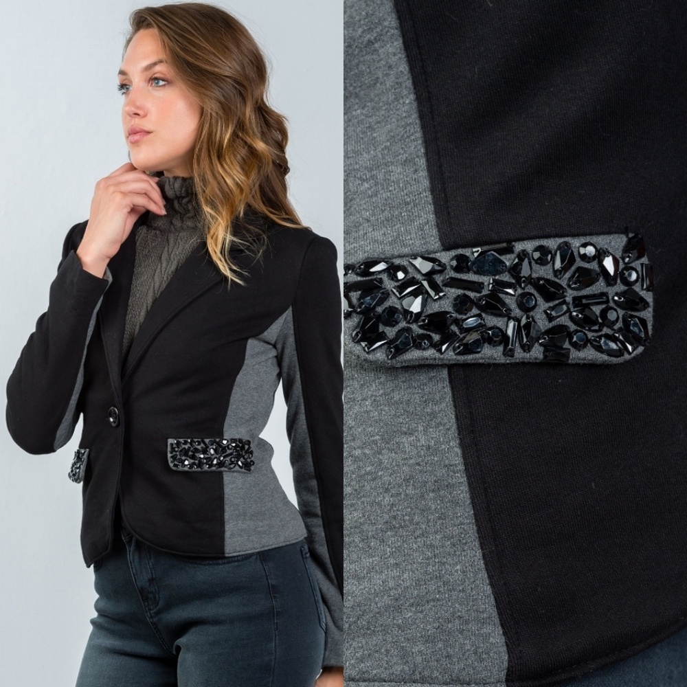 🖤Black & Gray Colorblock Blazer Jewel Pockets - Picture 2 of 3